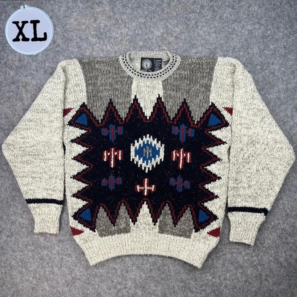Vintage 90's Hang Ten Colorful Graphic Oatmeal Grandpa Acrylic Knit Sweatshirt